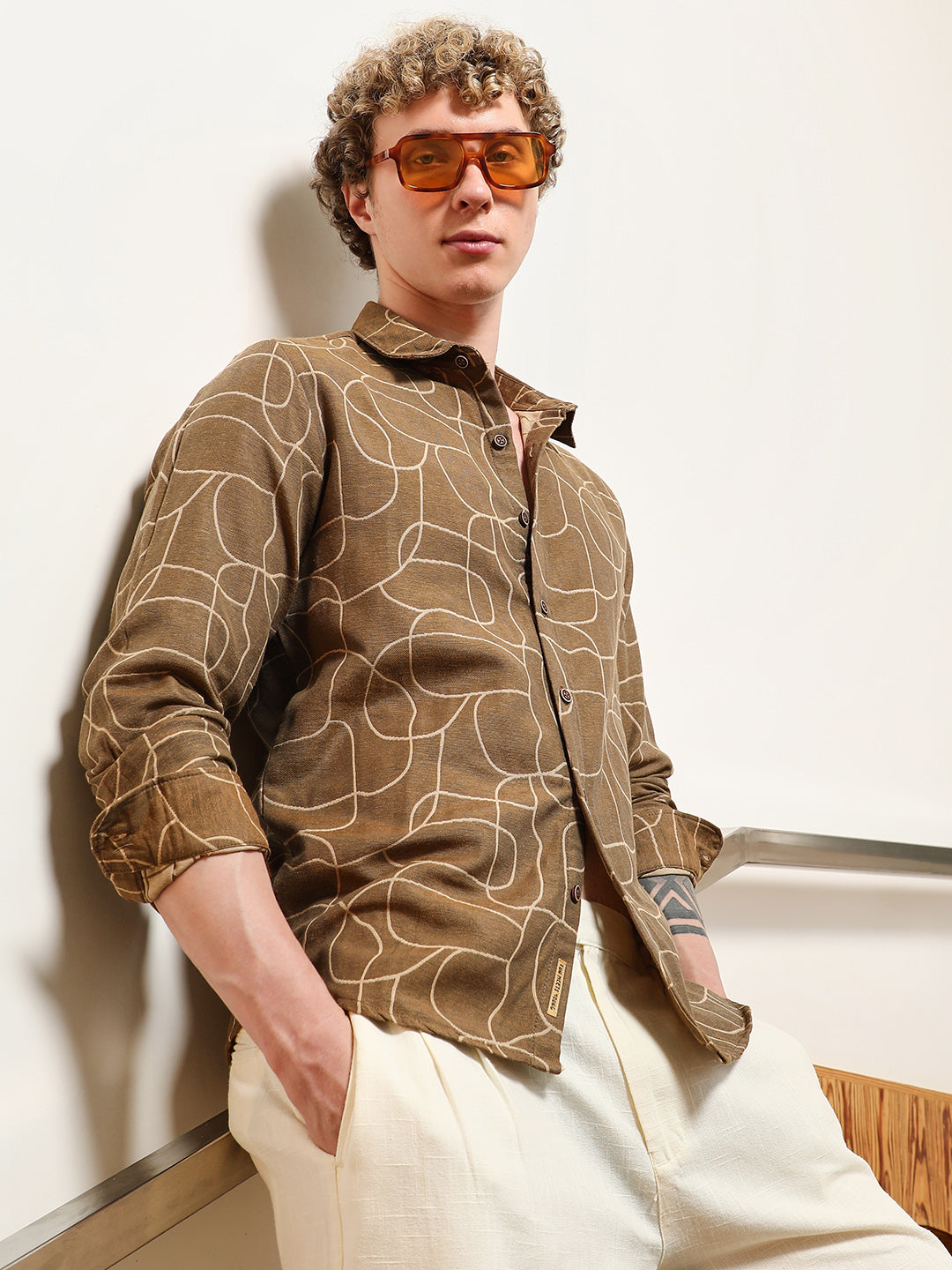 Brown Abstract Print Cotton Blend Full Sleeve Shirt