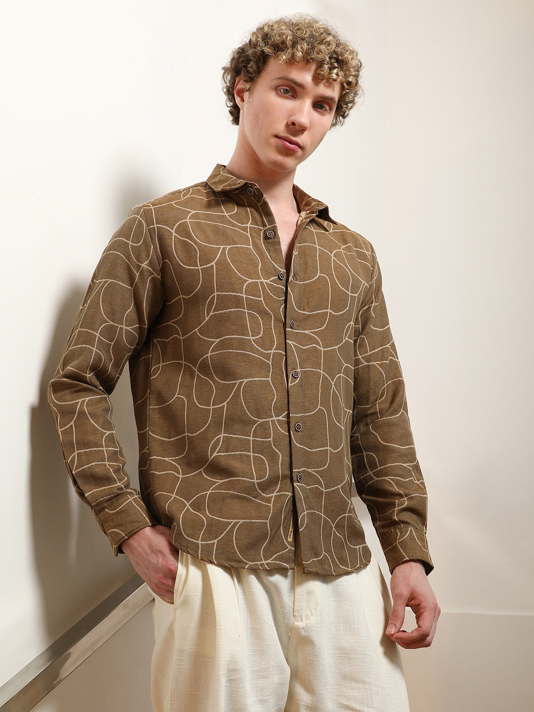 Brown Abstract Print Cotton Blend Full Sleeve Shirt