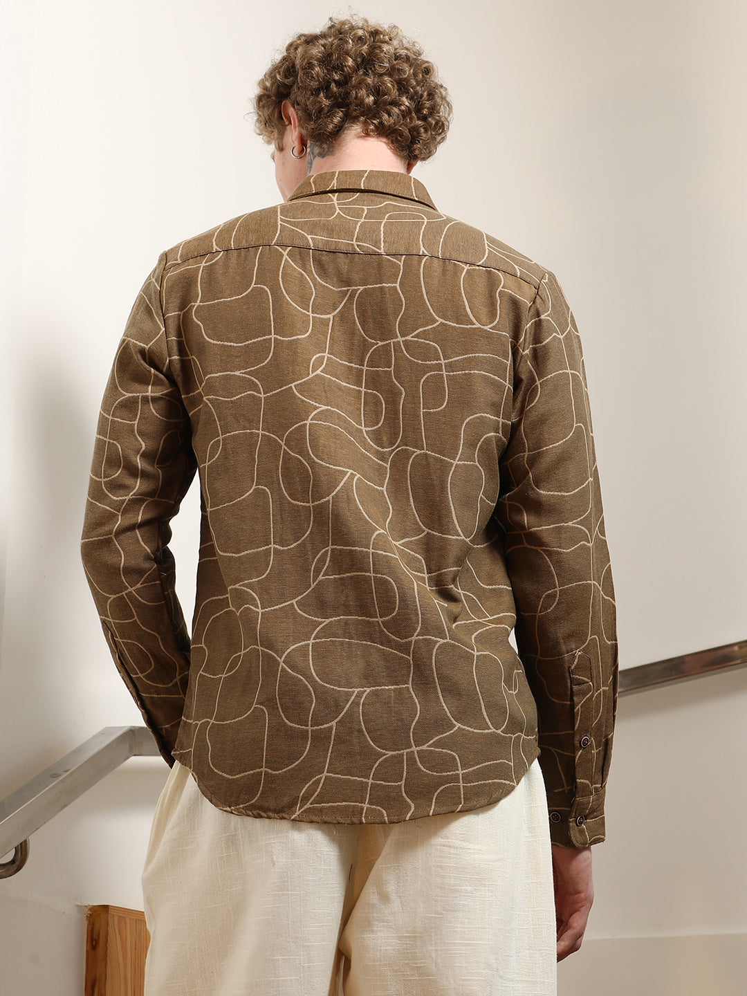 Brown Abstract Print Cotton Blend Full Sleeve Shirt