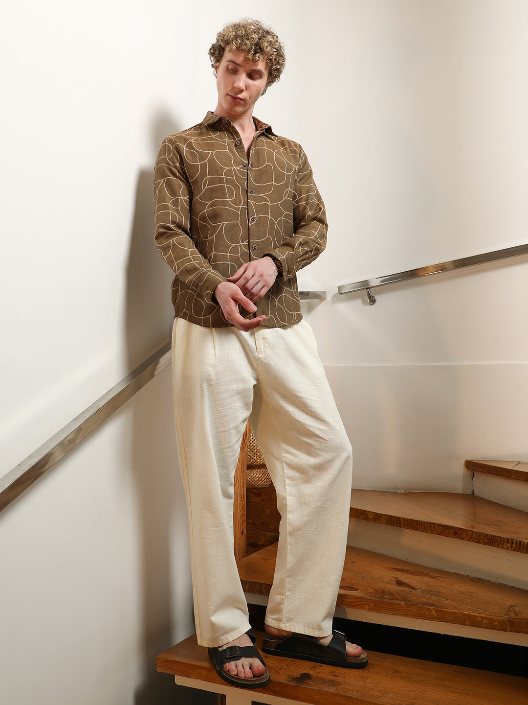 Brown Abstract Print Cotton Blend Full Sleeve Shirt