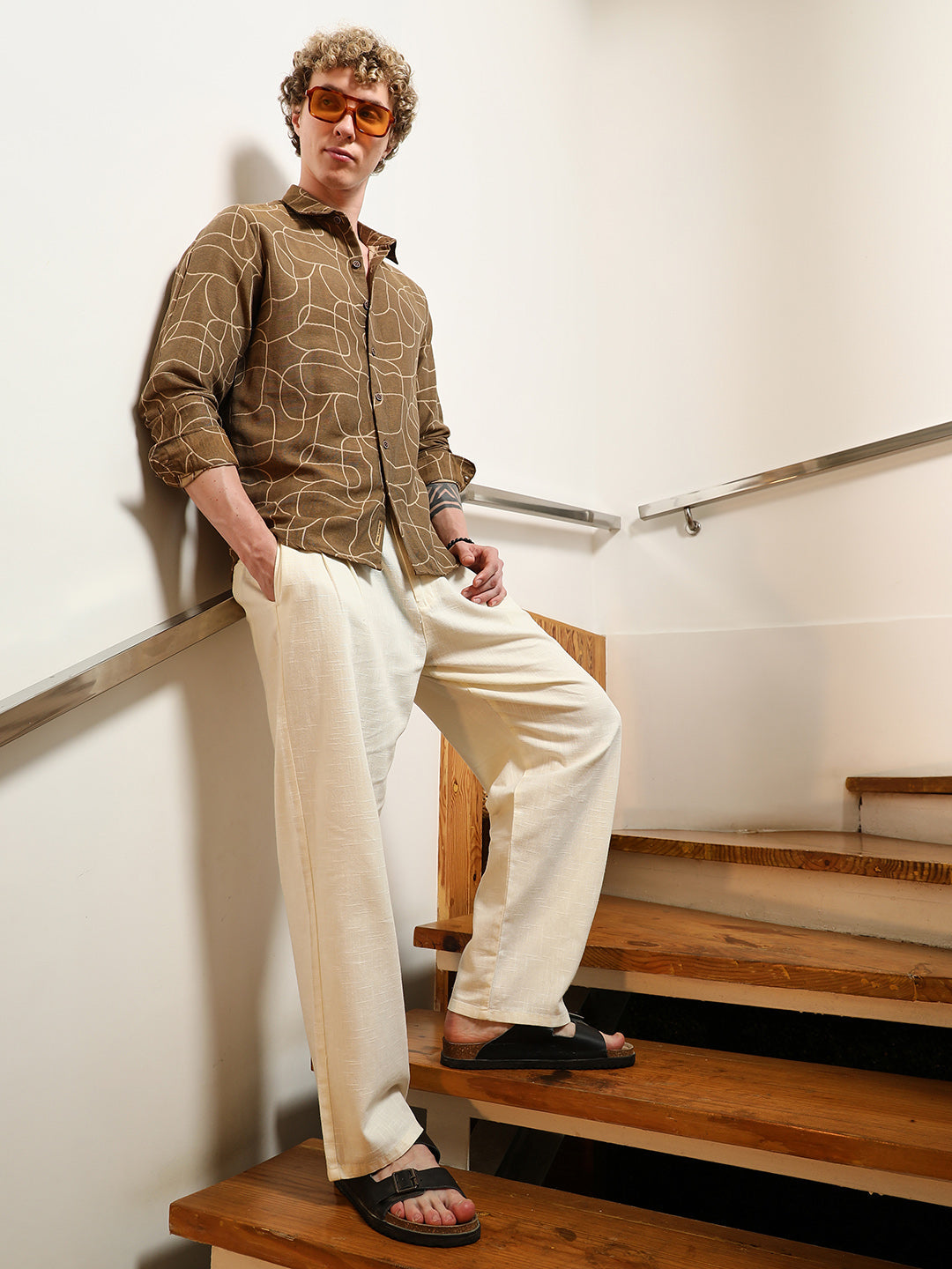 Brown Abstract Print Cotton Blend Full Sleeve Shirt