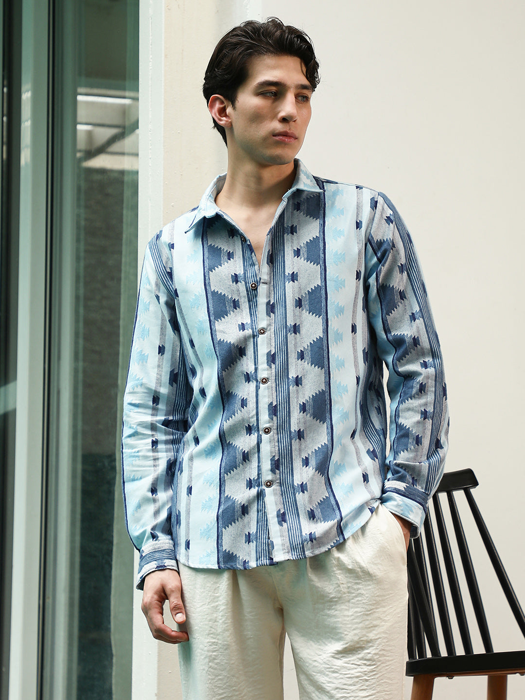 Blue Geometric Pattern Cotton Polyester Blend Full Sleeve Shirt