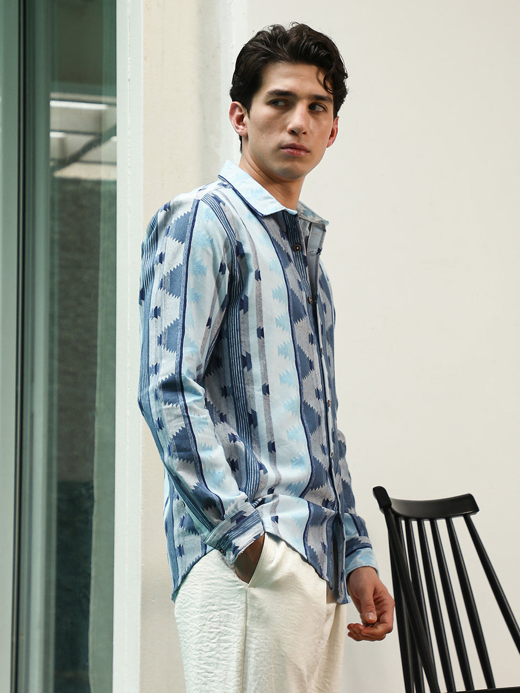 Blue Geometric Pattern Cotton Polyester Blend Full Sleeve Shirt