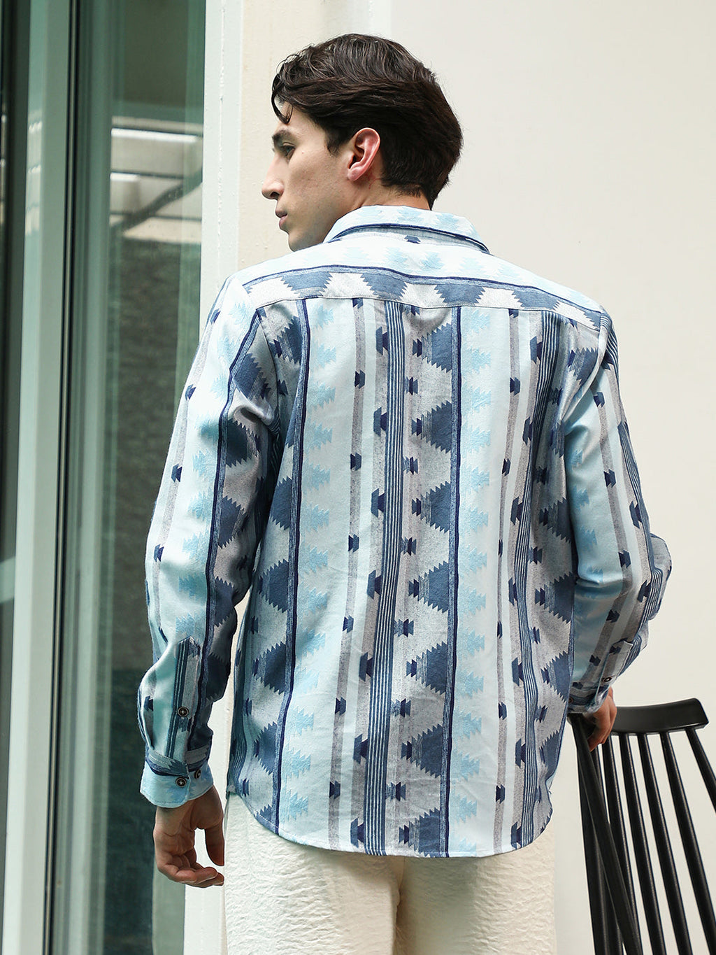 Blue Geometric Pattern Cotton Polyester Blend Full Sleeve Shirt