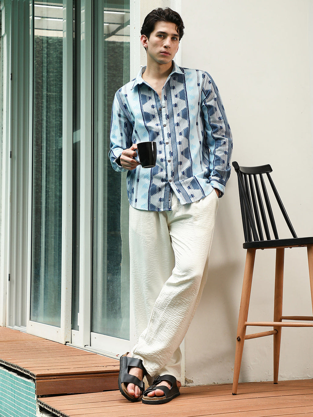 Blue Geometric Pattern Cotton Polyester Blend Full Sleeve Shirt