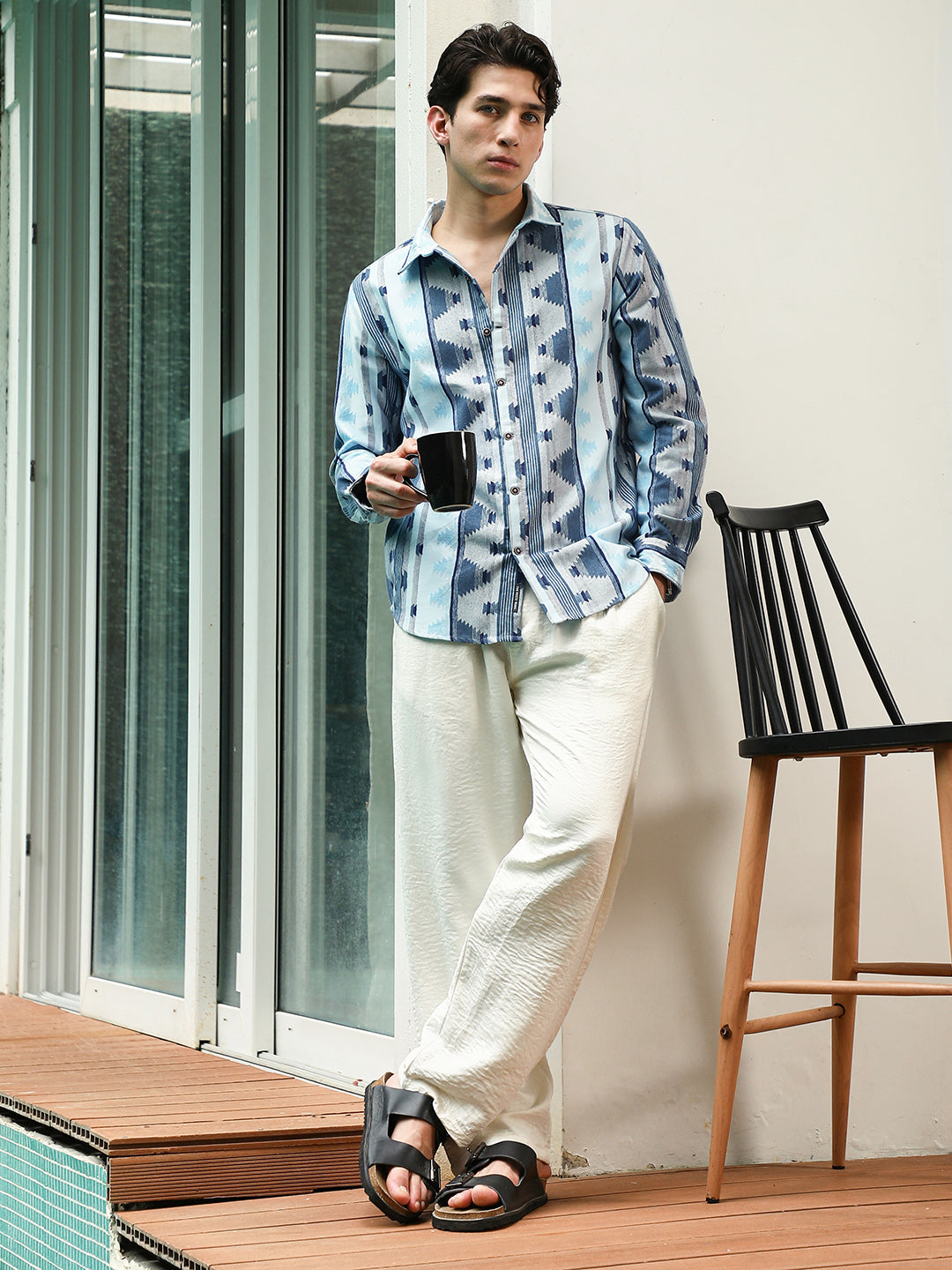 Blue Geometric Pattern Cotton Polyester Blend Full Sleeve Shirt