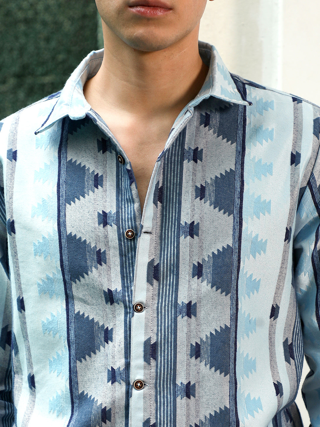 Blue Geometric Pattern Cotton Polyester Blend Full Sleeve Shirt