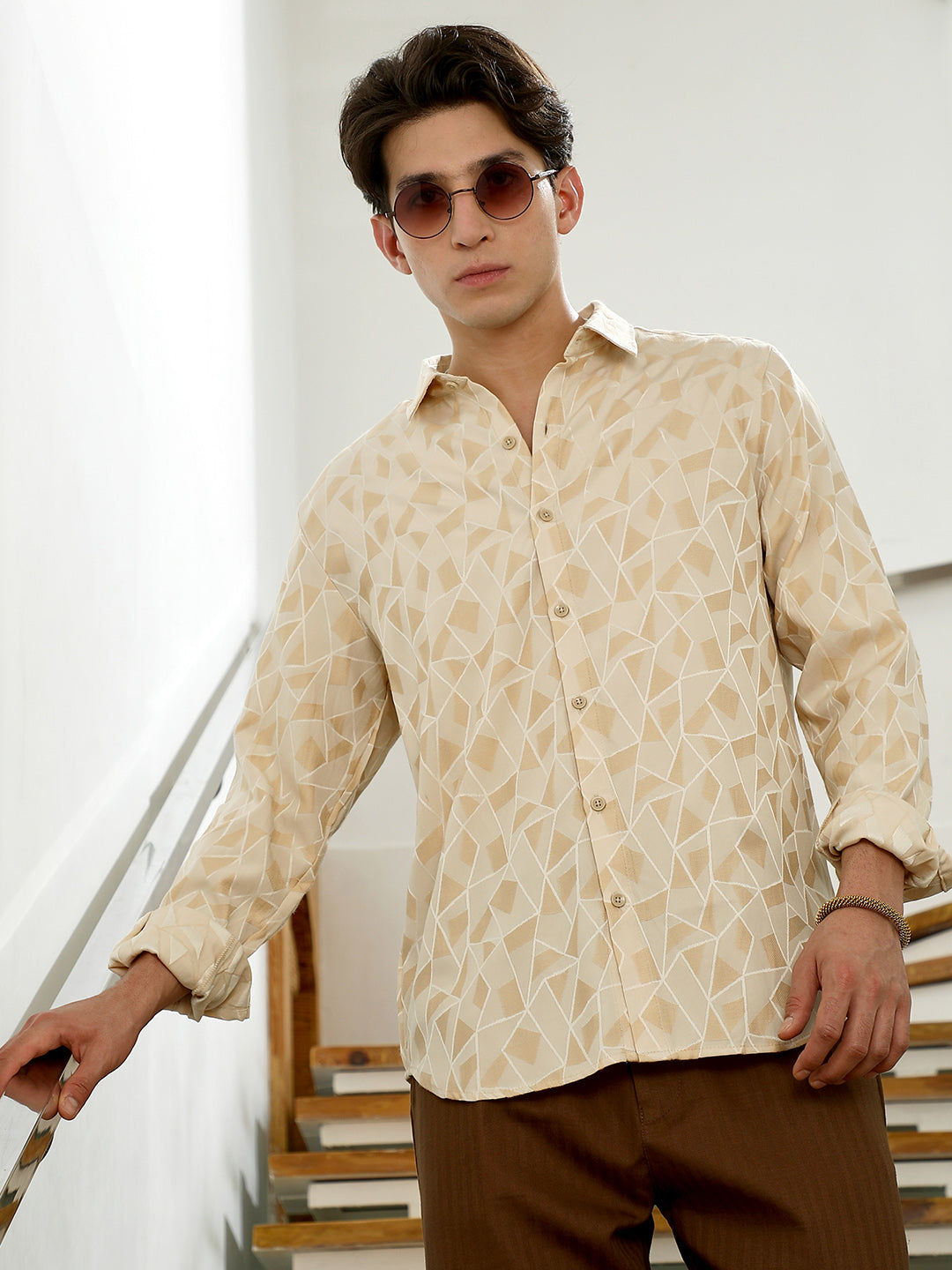 Beige Geometric Pattern Cotton Blend Full Sleeve Shirt