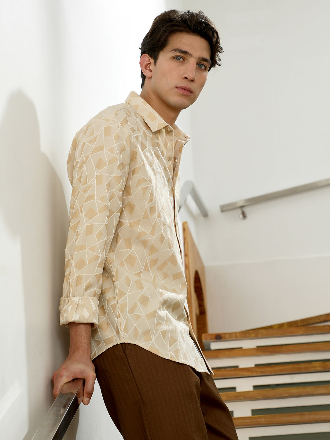 Beige Geometric Pattern Cotton Blend Full Sleeve Shirt