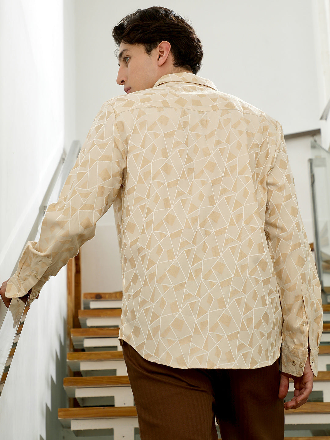 Beige Geometric Pattern Cotton Blend Full Sleeve Shirt