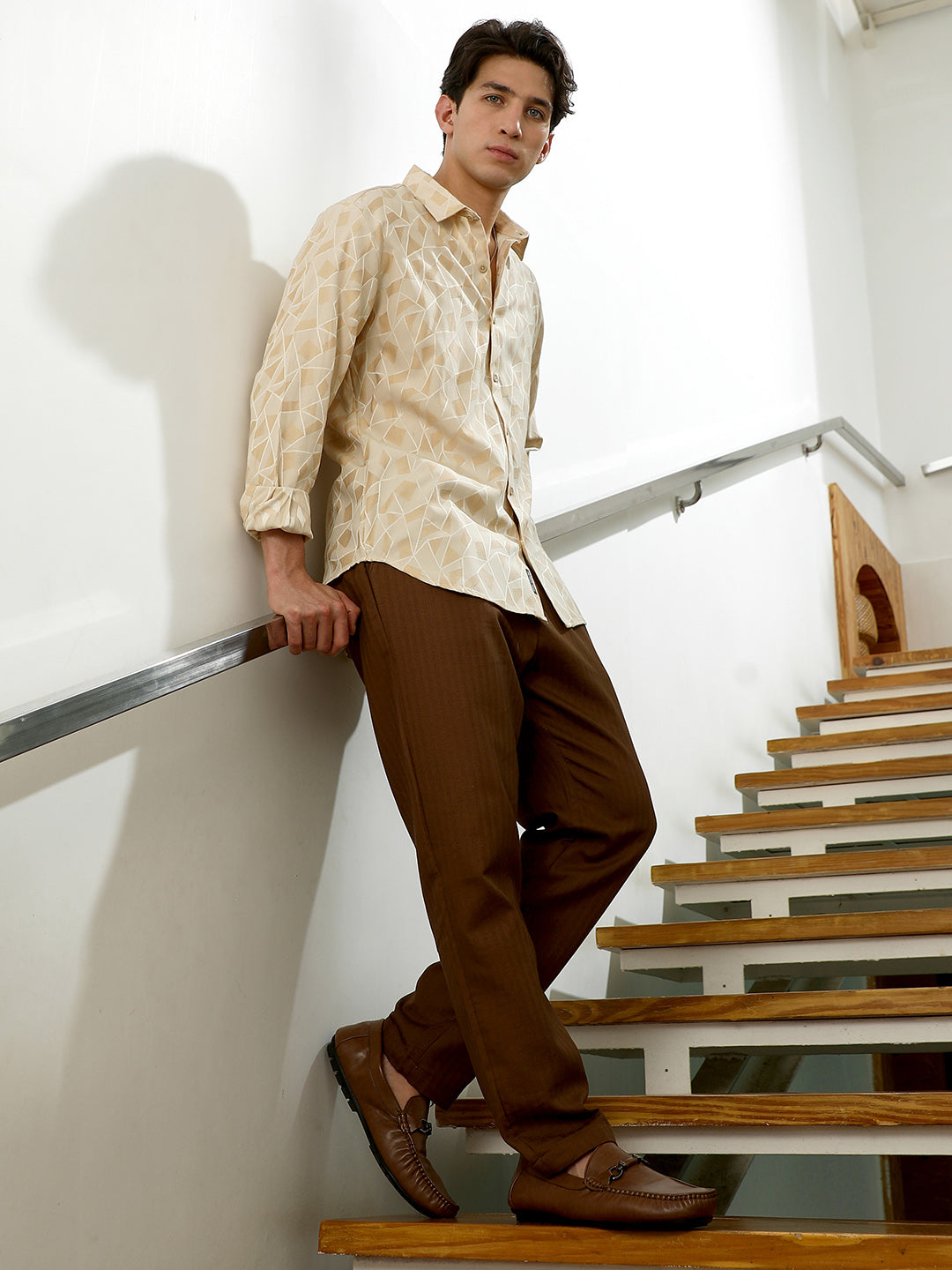 Beige Geometric Pattern Cotton Blend Full Sleeve Shirt