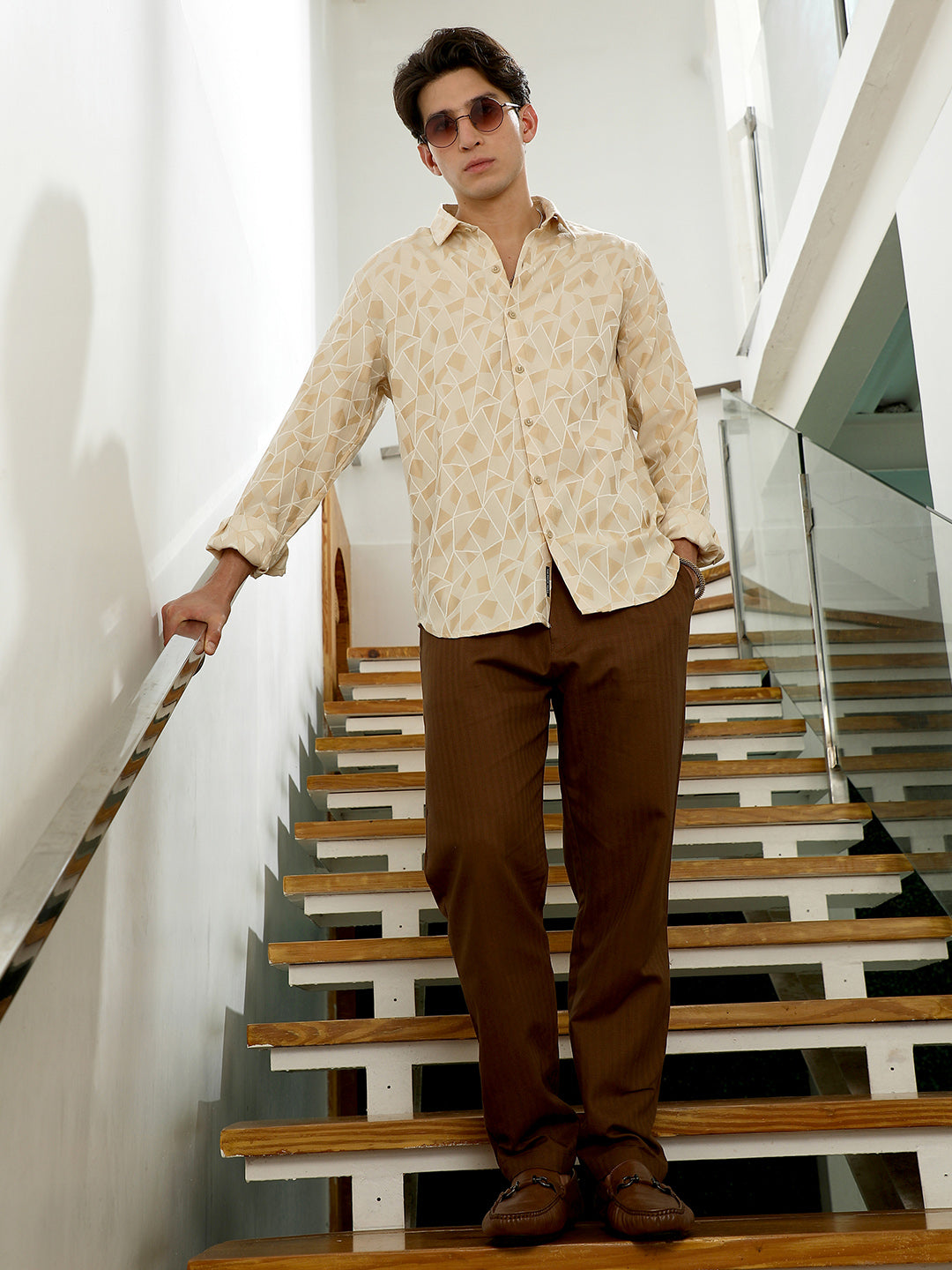Beige Geometric Pattern Cotton Blend Full Sleeve Shirt