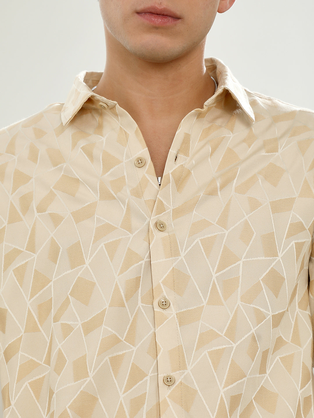 Beige Geometric Pattern Cotton Blend Full Sleeve Shirt