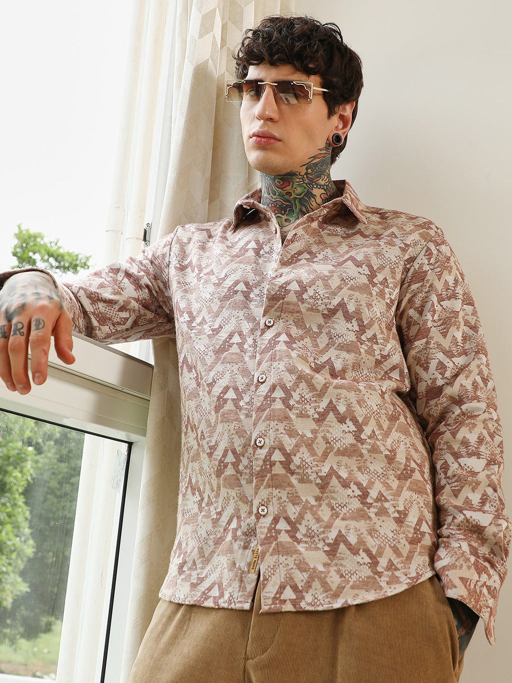 Geometric Pattern Cotton Blend Full Sleeve Shirt