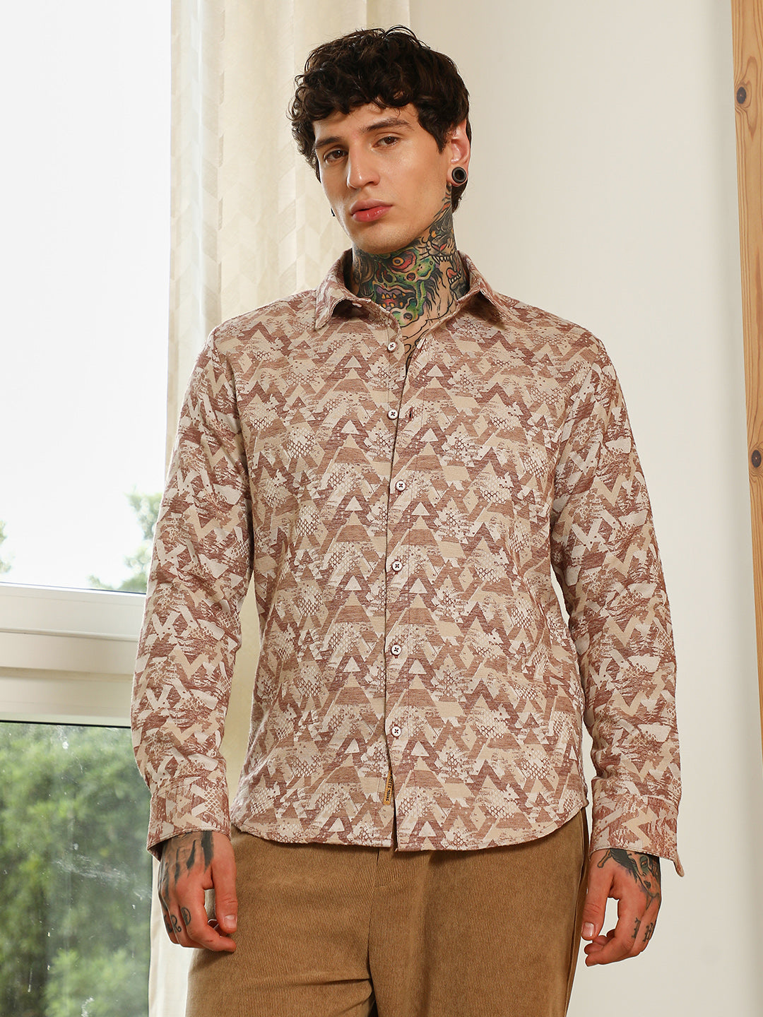 Geometric Pattern Cotton Blend Full Sleeve Shirt