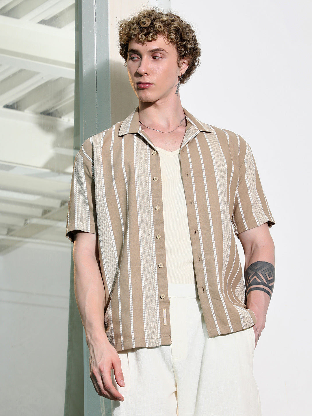 Beige Striped Cuban Collar Shirt