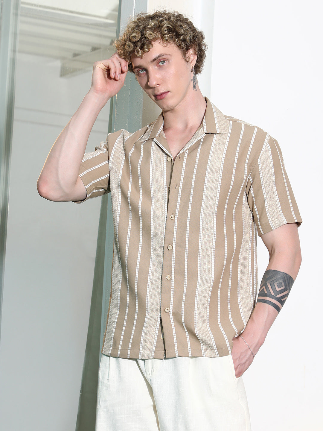 Beige Striped Cuban Collar Shirt