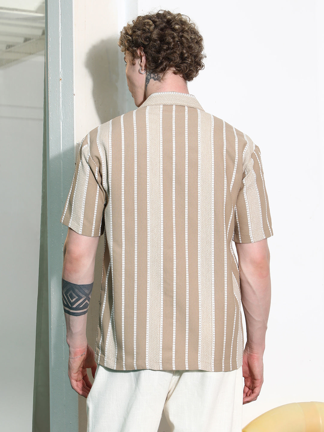 Beige Striped Cuban Collar Shirt