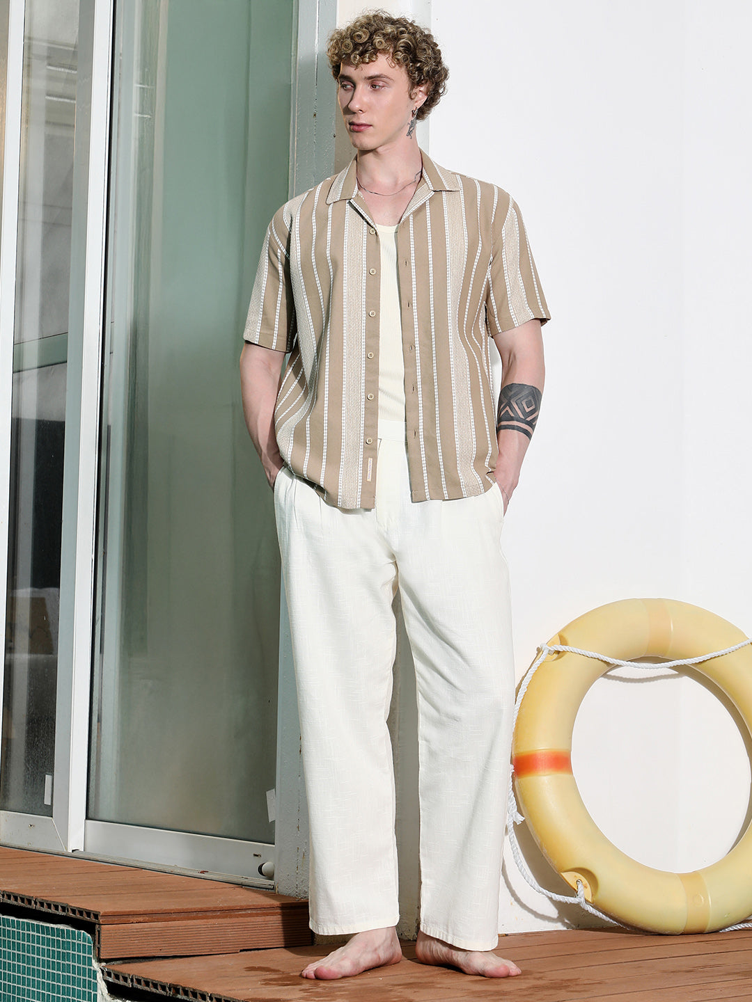 Beige Striped Cuban Collar Shirt