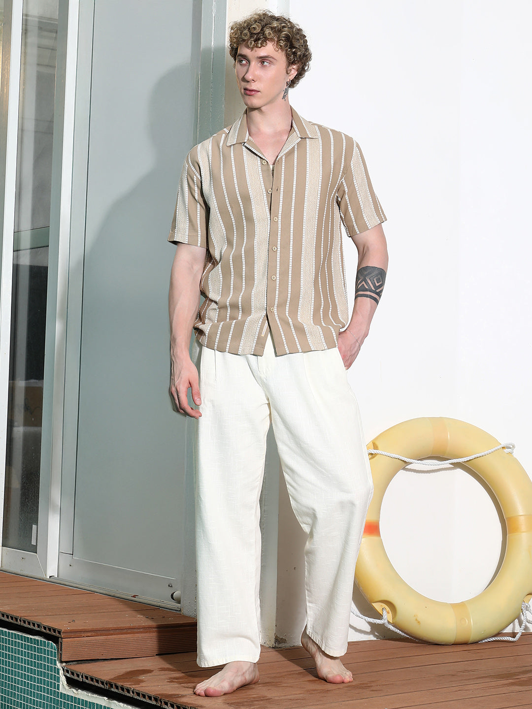 Beige Striped Cuban Collar Shirt