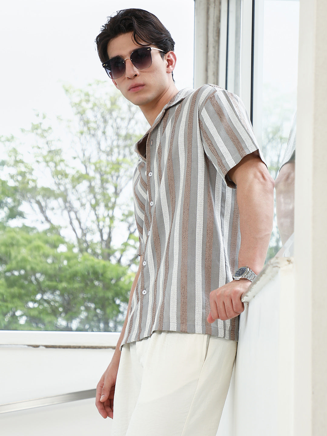 Striped Cotton Blend Cuban Collar Shirt