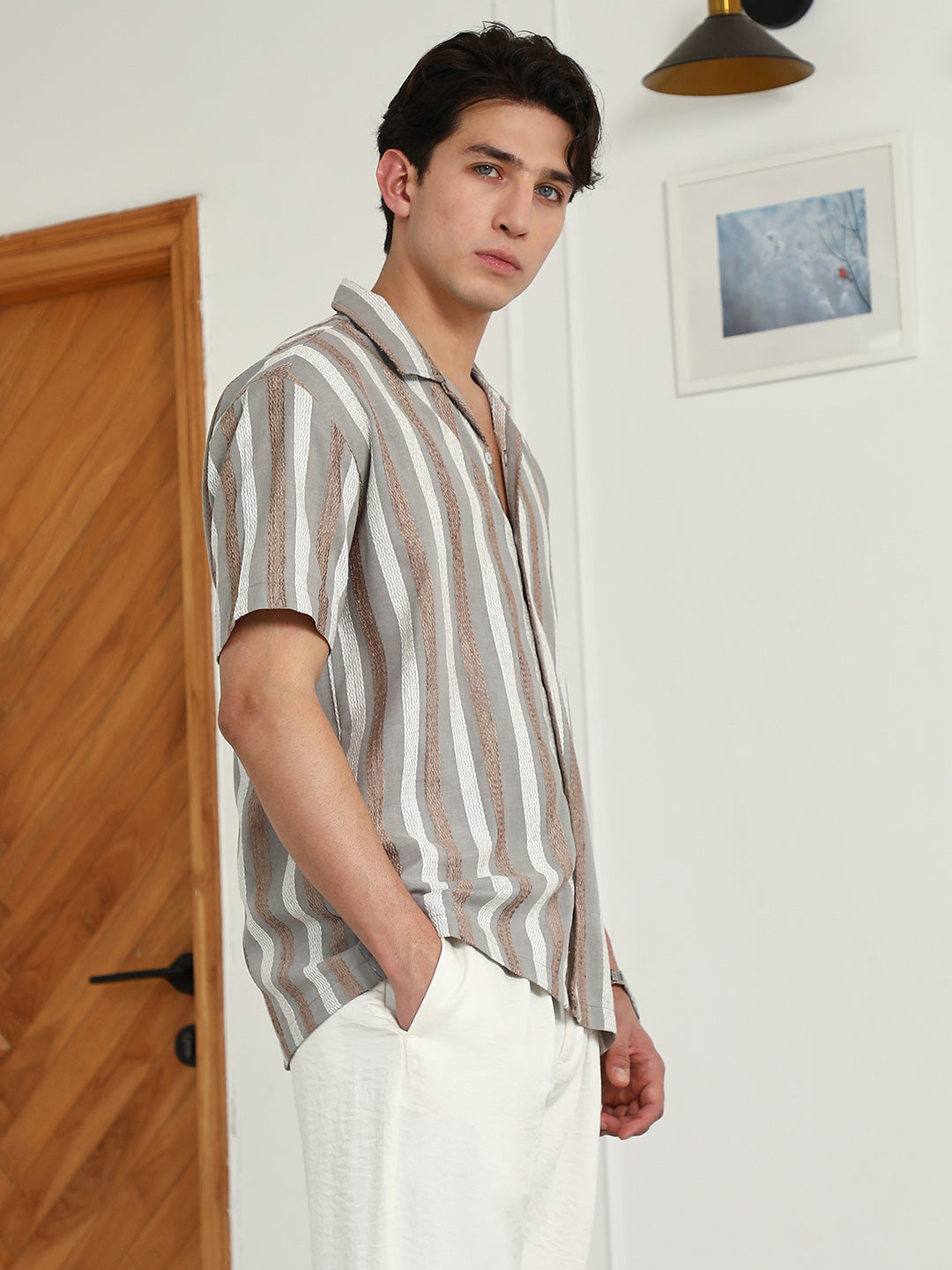 Striped Cotton Blend Cuban Collar Shirt