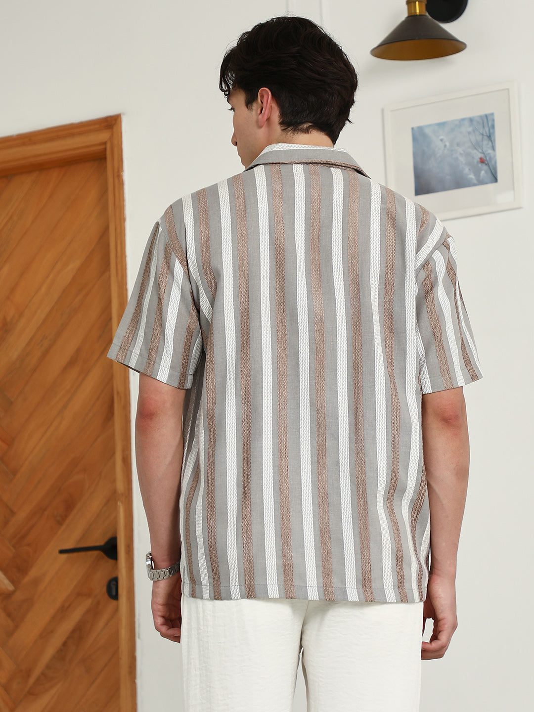 Striped Cotton Blend Cuban Collar Shirt