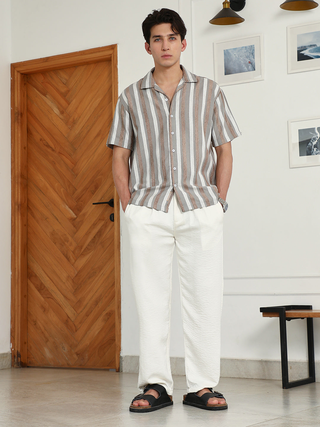 Striped Cotton Blend Cuban Collar Shirt