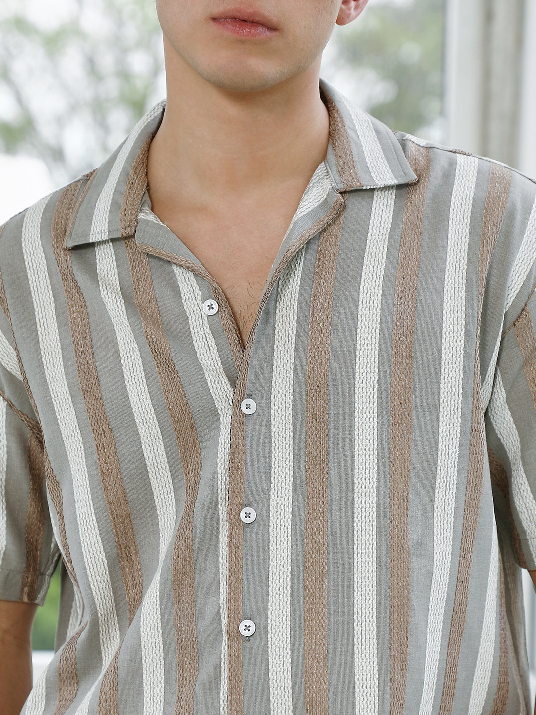 Striped Cotton Blend Cuban Collar Shirt