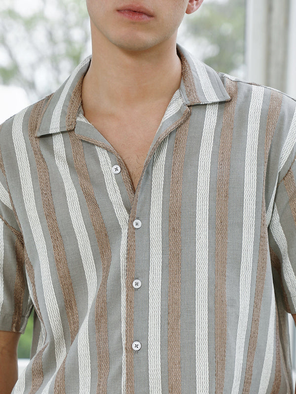 Striped Cotton Blend Cuban Collar Shirt