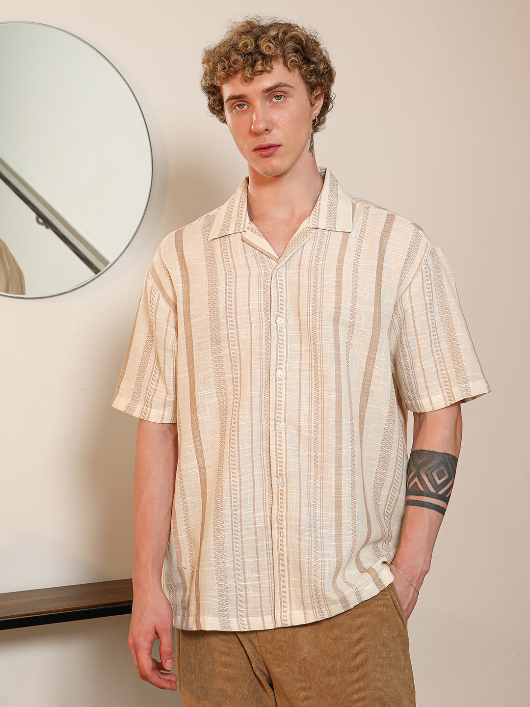 Beige Striped Cuban Collar Shirt