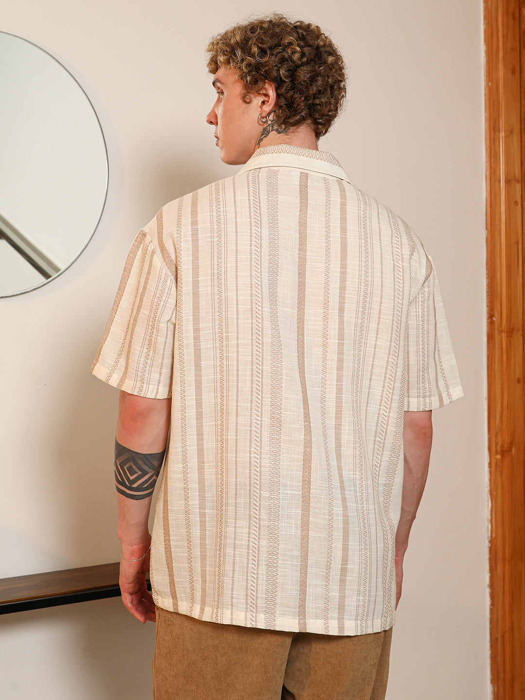 Beige Striped Cuban Collar Shirt
