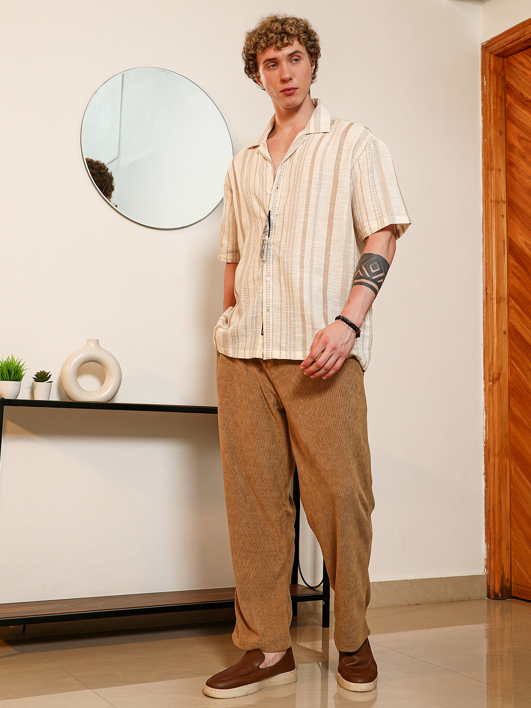 Beige Striped Cuban Collar Shirt