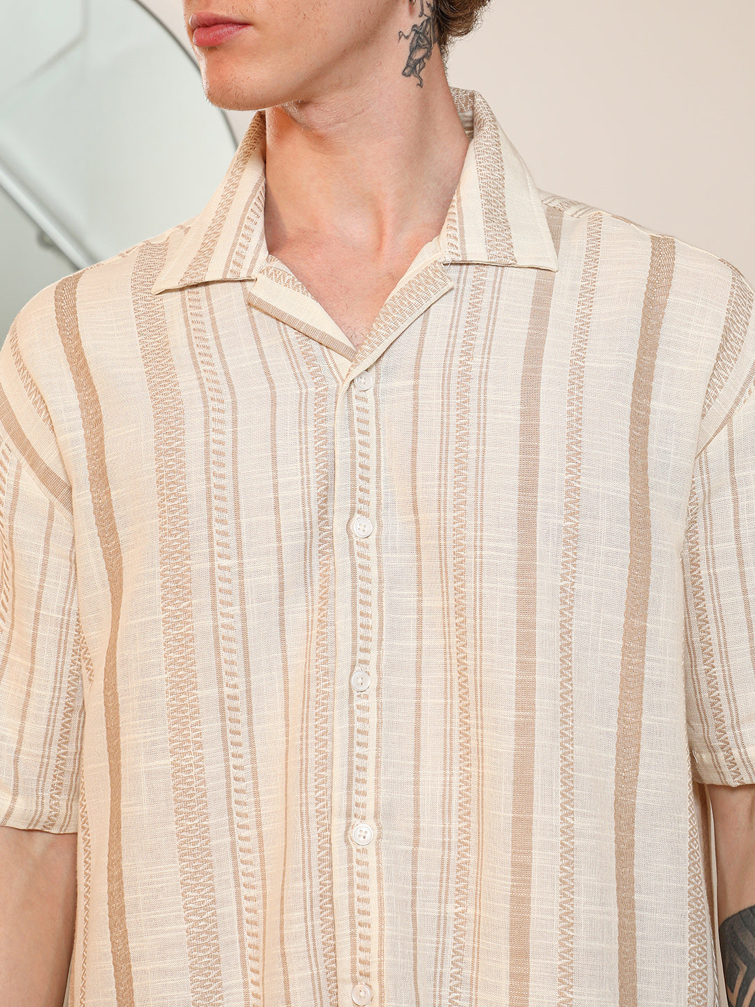 Beige Striped Cuban Collar Shirt