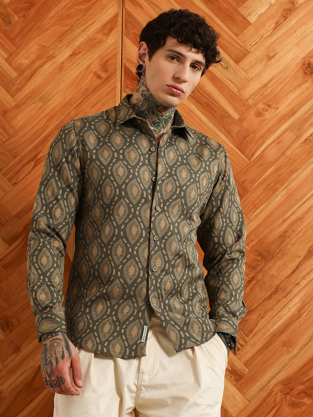 Olive Green Geometric Patterned Cotton Blend Full Sleeve Shirt