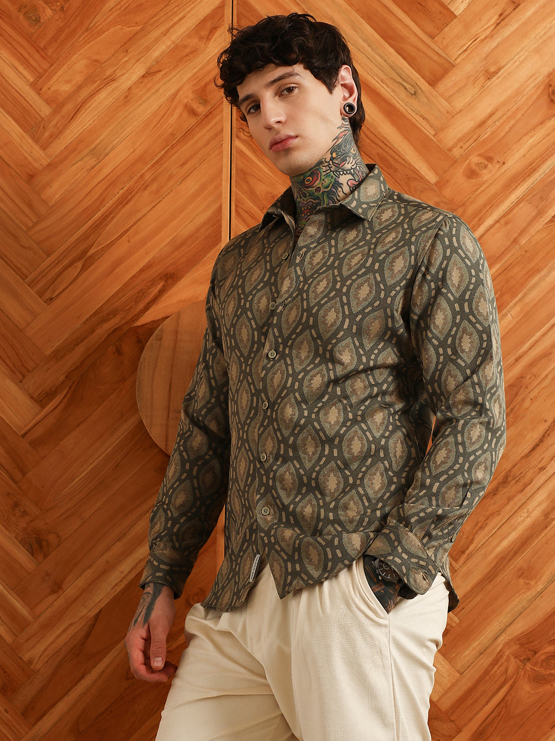 Olive Green Geometric Patterned Cotton Blend Full Sleeve Shirt