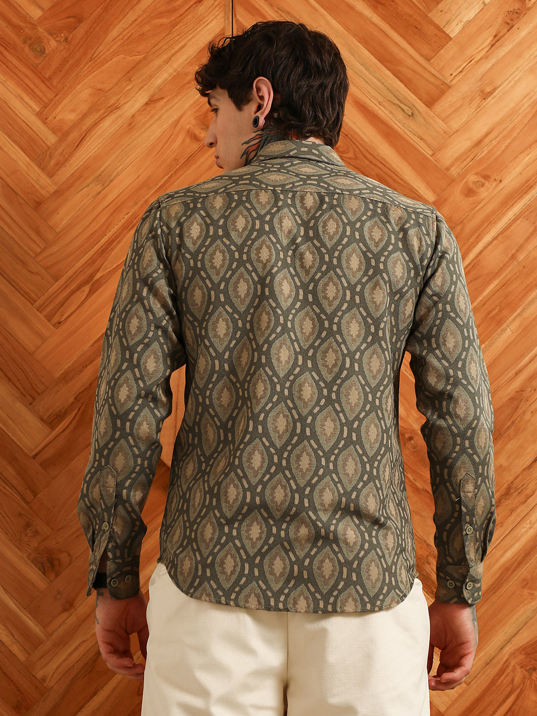 Olive Green Geometric Patterned Cotton Blend Full Sleeve Shirt