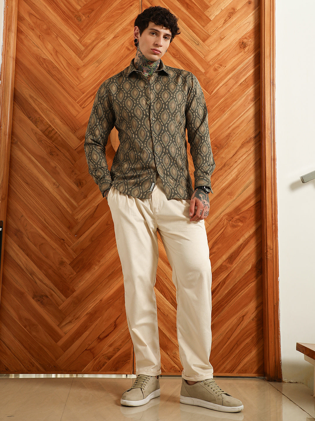 Olive Green Geometric Patterned Cotton Blend Full Sleeve Shirt