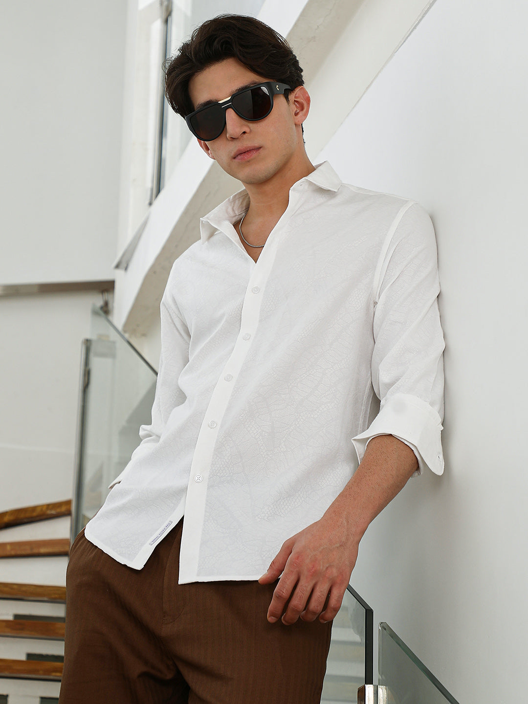 White Textured Cotton Blend Slim Fit Shirt