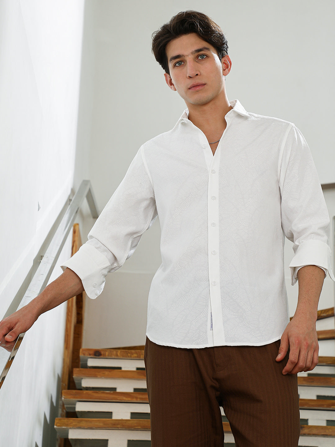 White Textured Cotton Blend Slim Fit Shirt