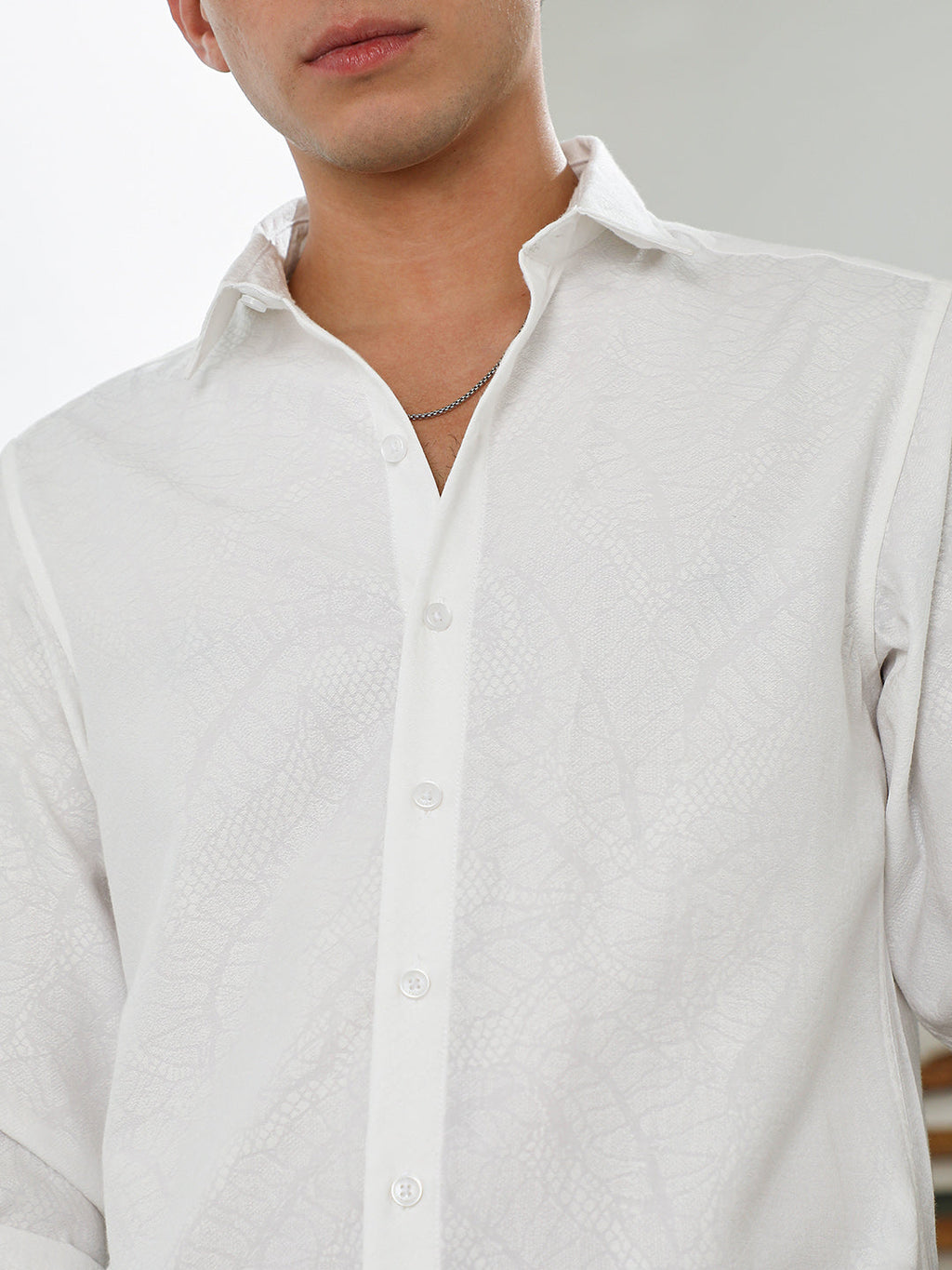 White Textured Cotton Blend Slim Fit Shirt