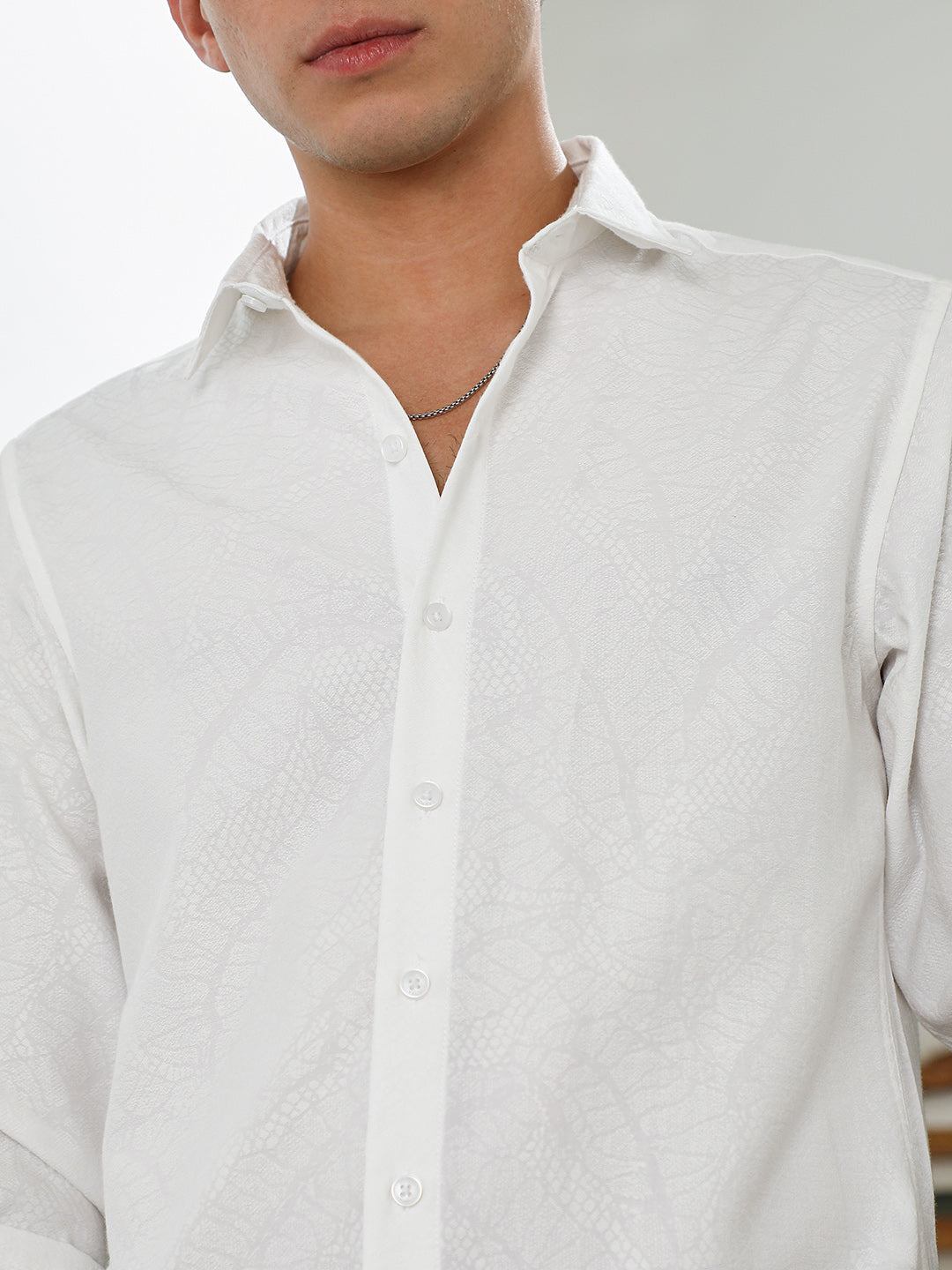 White Textured Cotton Blend Slim Fit Shirt