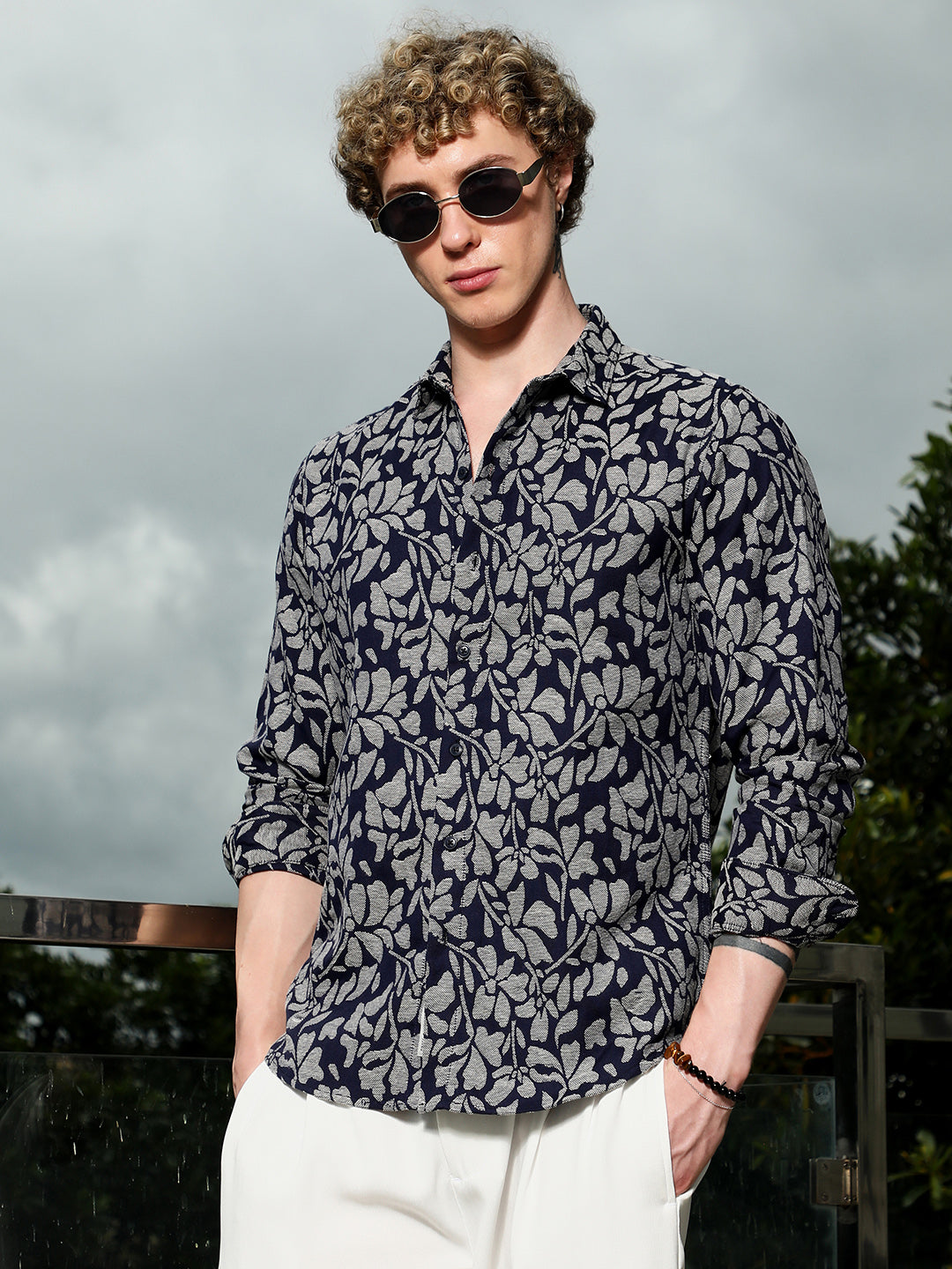 Dark Blue Floral Cotton Poly Casual Shirt