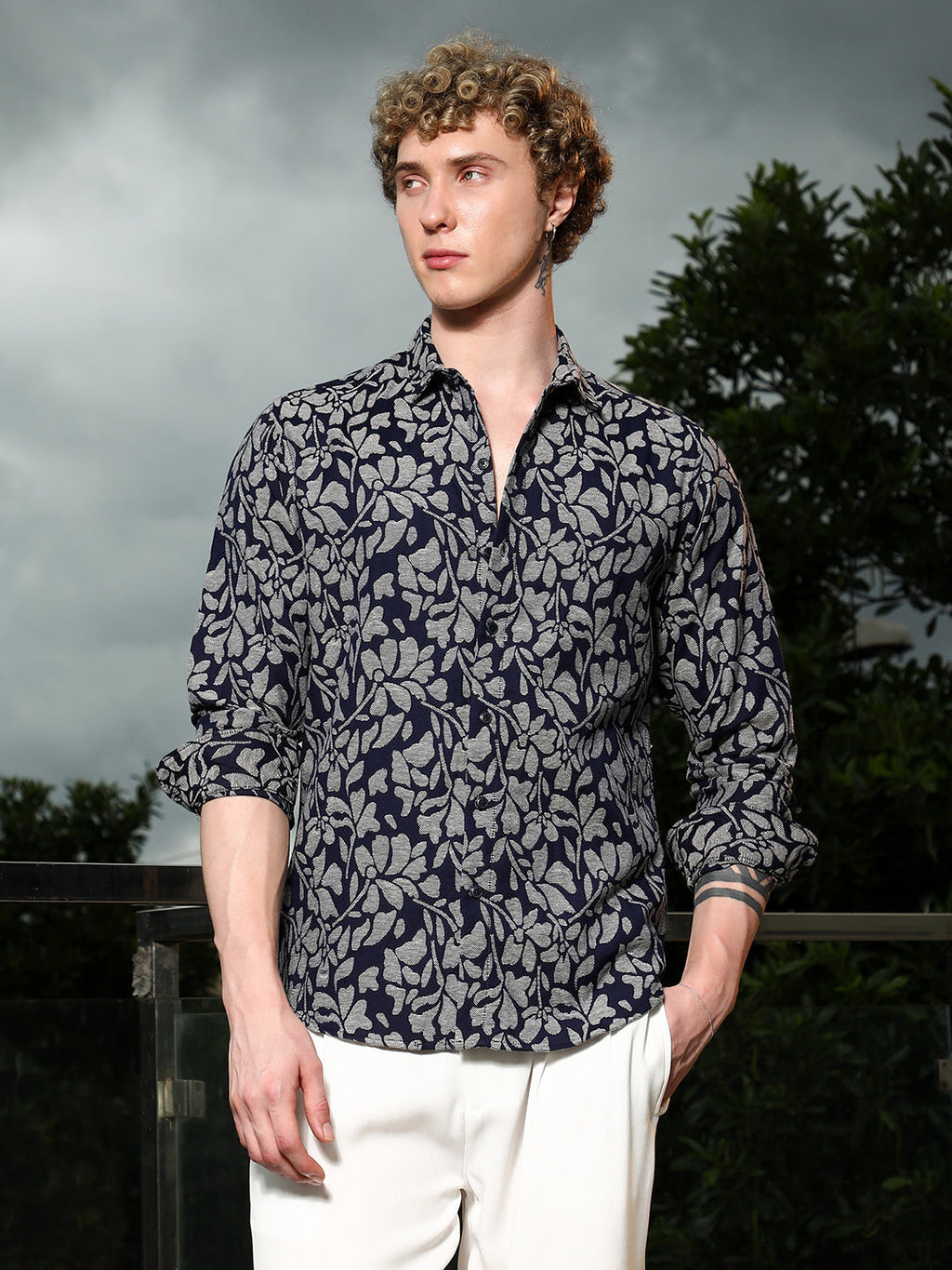 Dark Blue Floral Cotton Poly Casual Shirt