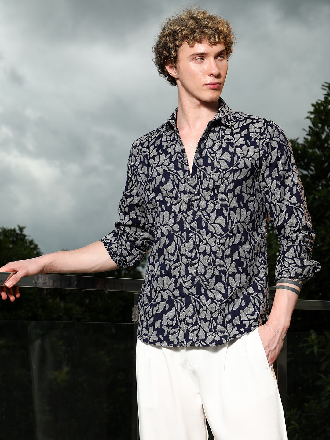 Dark Blue Floral Cotton Poly Casual Shirt