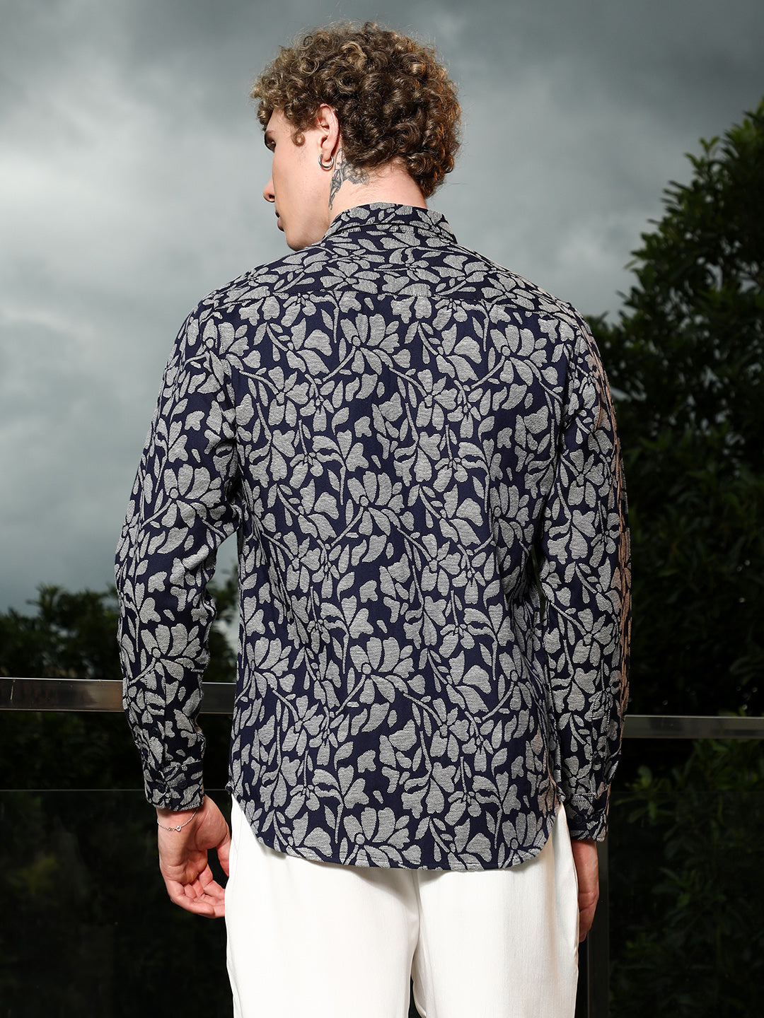 Dark Blue Floral Cotton Poly Casual Shirt