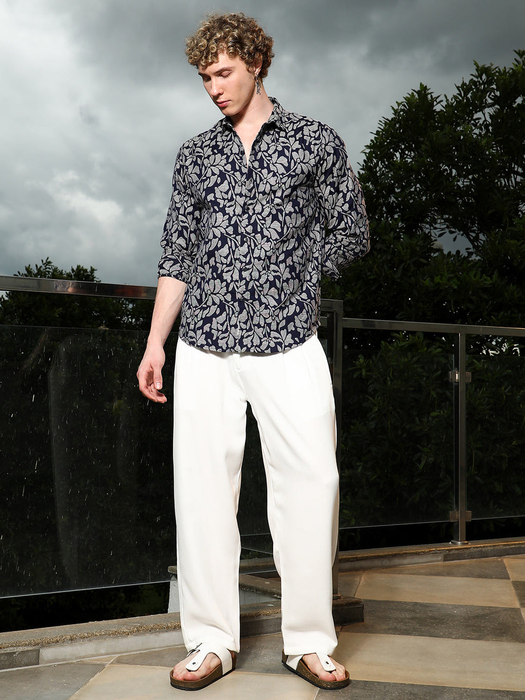 Dark Blue Floral Cotton Poly Casual Shirt