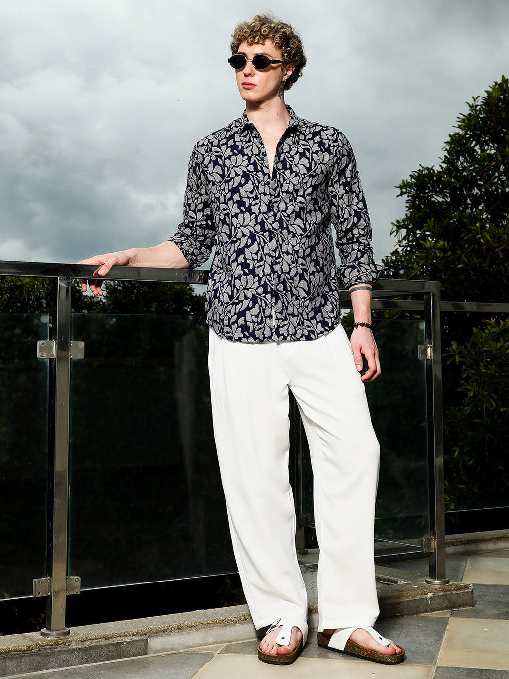 Dark Blue Floral Cotton Poly Casual Shirt