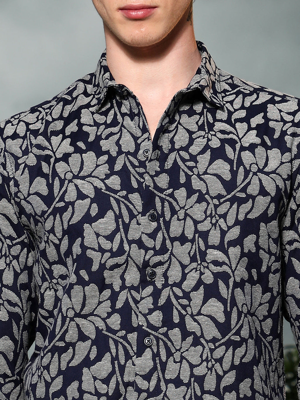 Dark Blue Floral Cotton Poly Casual Shirt