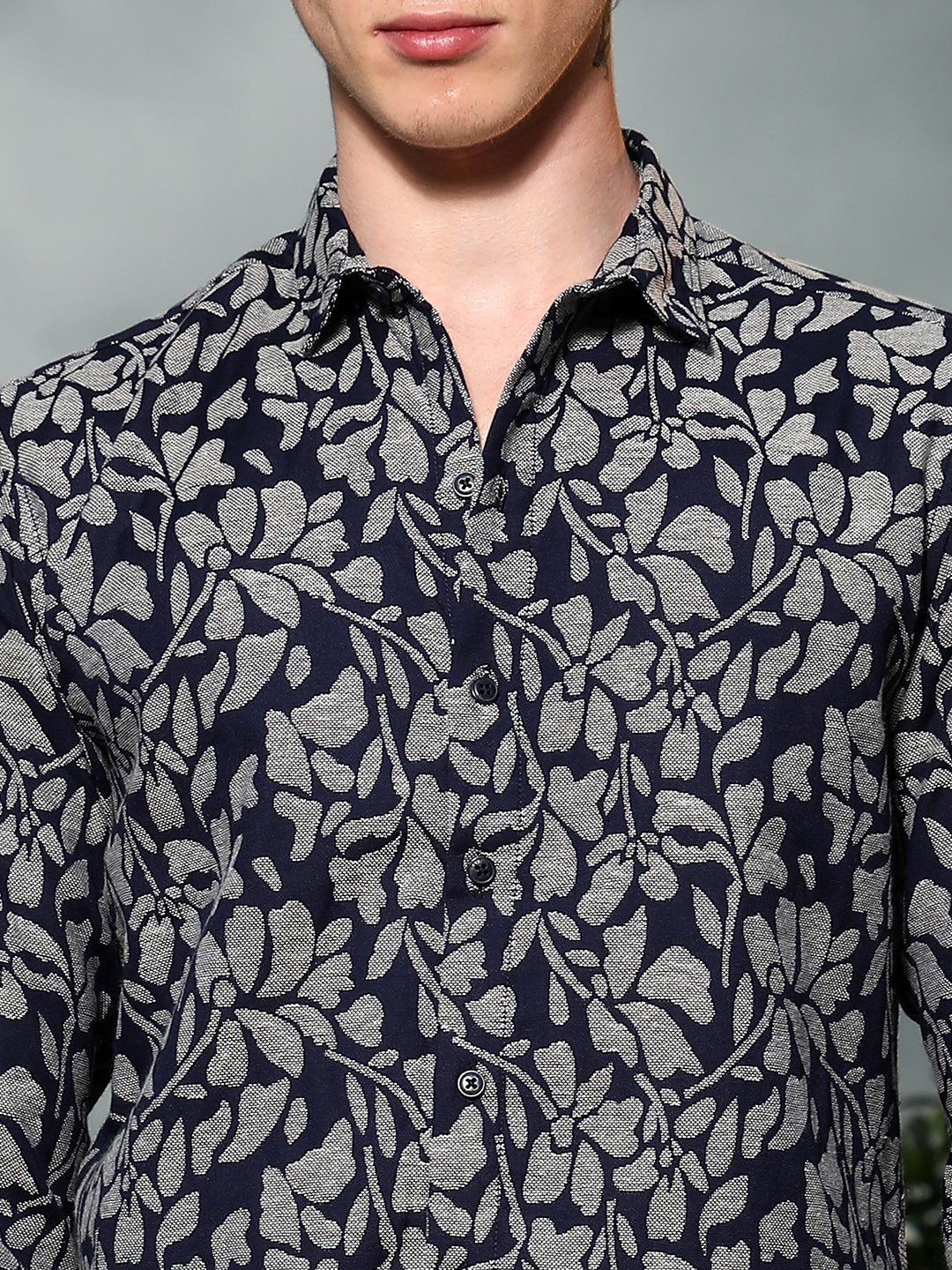 Dark Blue Floral Cotton Poly Casual Shirt
